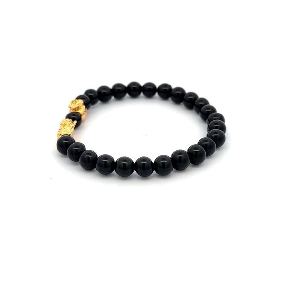 18K Gold Dragon Pixiu Piyao Money Bag Lucky Charm Bracelet Gemstones Onyx 6mm - Picture 3 of 5
